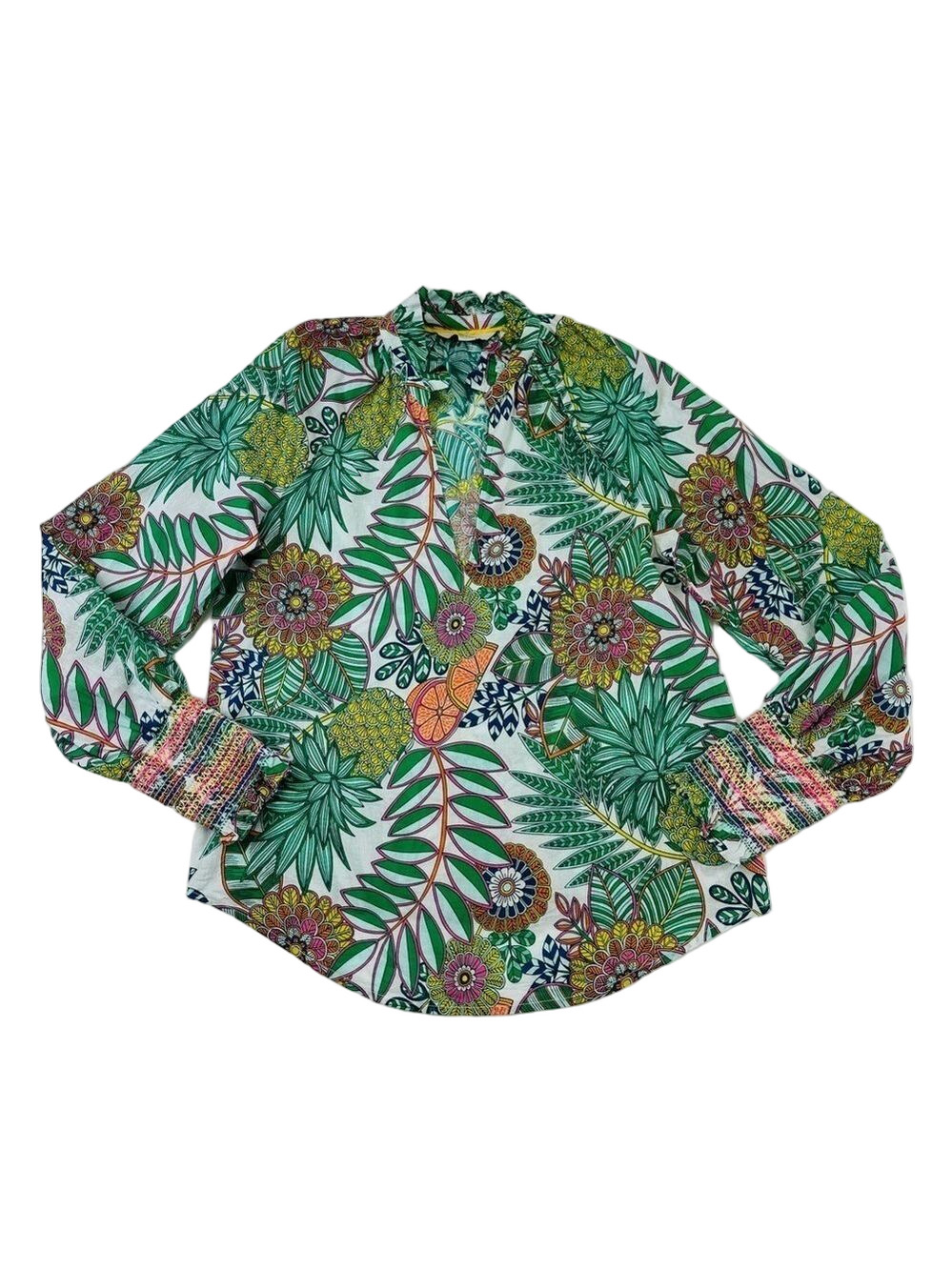 Boden tropical fruit print cotton long sleeve blouse Vneck blouse Size 2